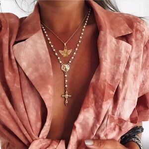 Anthropologie Gold Layered Bee and Cross Necklace